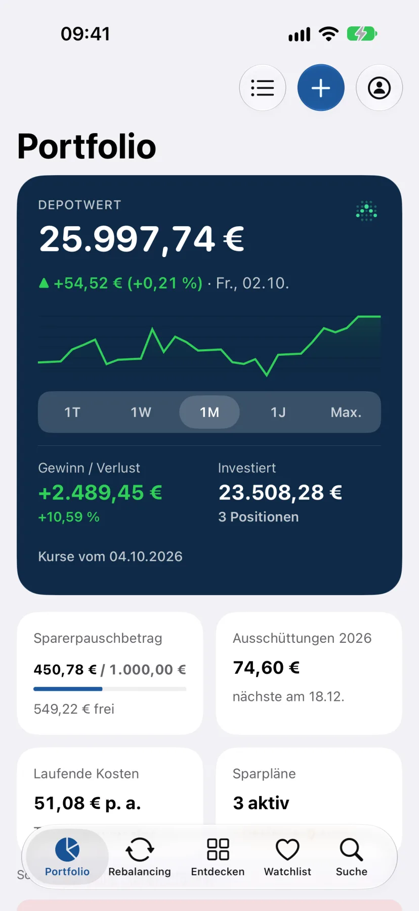 ETF Pilot Portfolio-Ansicht mit Depotwert, Verlaufschart, Gewinn und Verlust sowie Sparerpauschbetrag