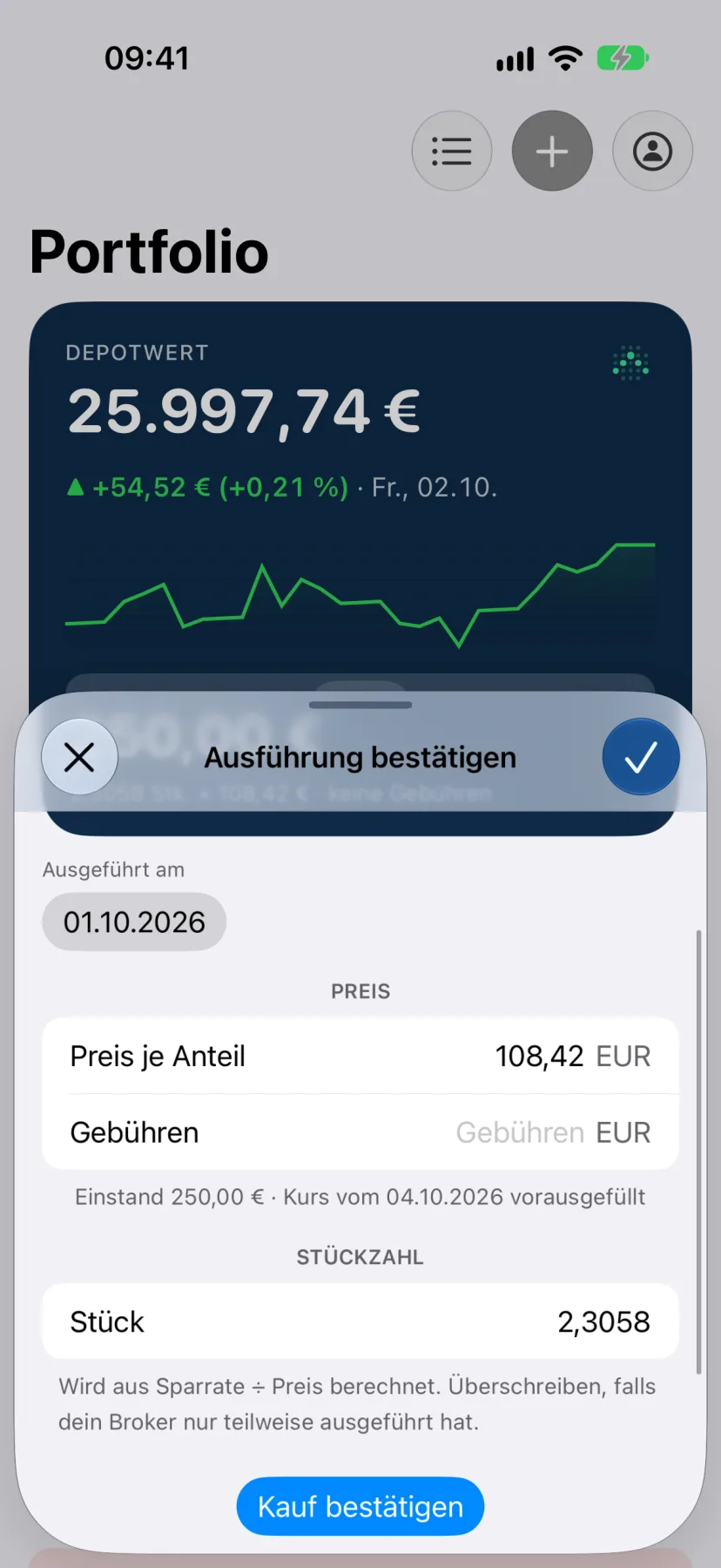 Bestätigung einer Sparplan-Ausführung mit Betrag, Stückzahl und Ausführungsdatum