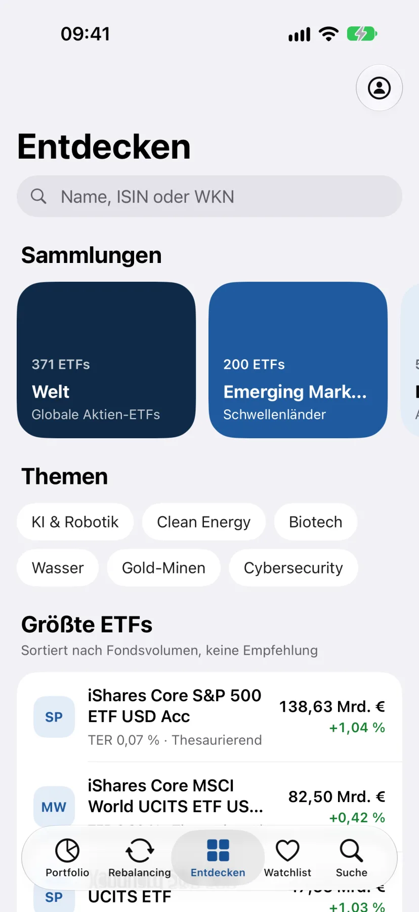 Entdecken-Ansicht mit Suchfeld, Sammlungen und Themen für ETFs